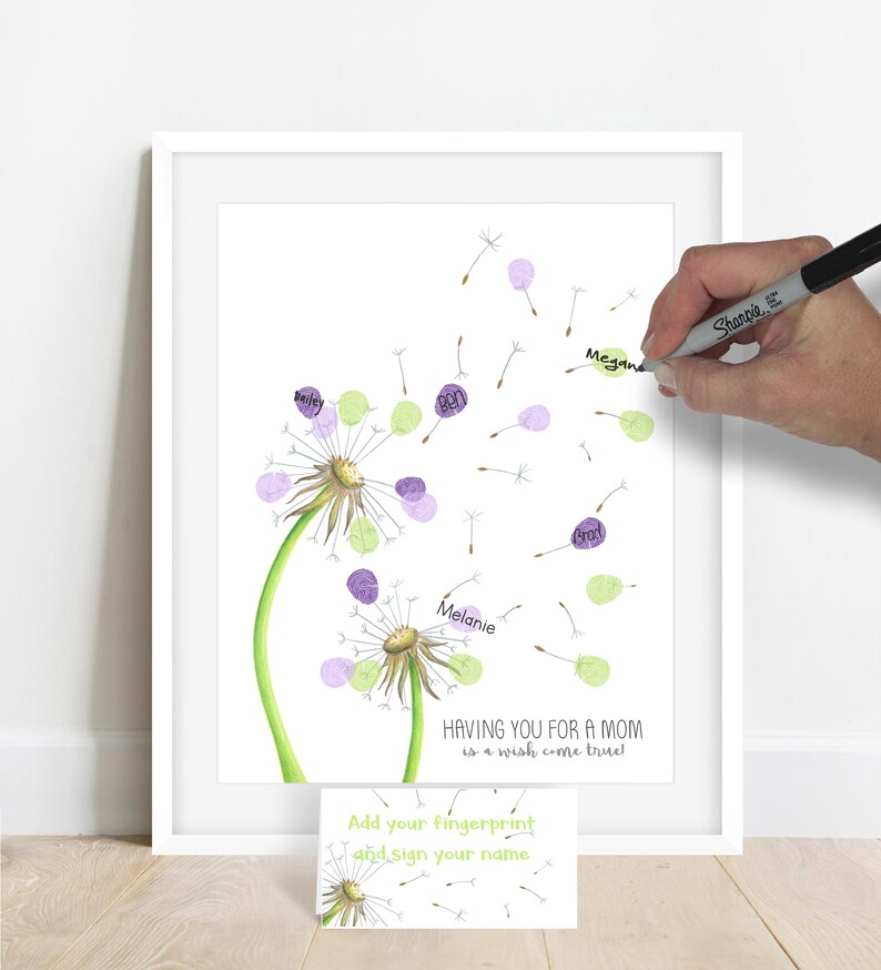 signature being added to an art print of hand drawn dandelions after fingerprints have been added to create dandelion seeds for a mother's day gift from kids, meganhstudio, fingerprint guestbook alternative, fingerprint gift from kids