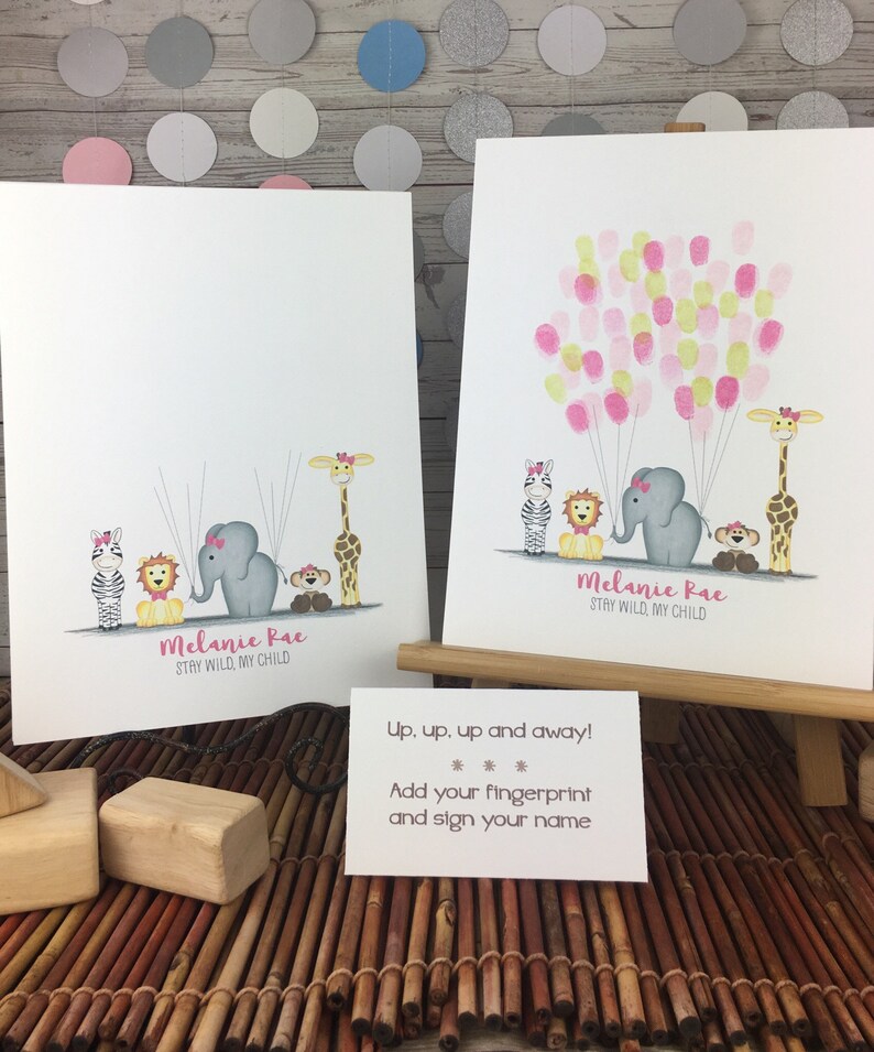 Balloon fingerprint guestbook jungle nursery decor girls zoo animal birthday party jungle baby shower ideas Girl/'s safari guestbook