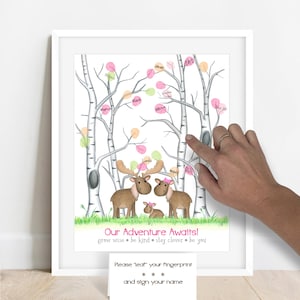 Woodland Baby Shower Fingerprint Tree with Moose, Girl&#39;s Moose Baby Shower, Woodland Baby Shower Tree, Baby Shower Ideas, Thumbprint Tree
