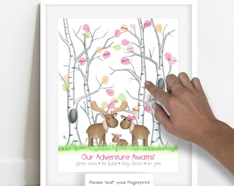 Arbre d'empreintes digitales pour baby shower des bois avec élan, baby shower pour fille avec élan, arbre d'empreintes digitales des bois pour baby shower, idées de baby shower, arbre d'empreintes de pouce