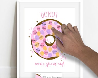 INSTANT DOWNLOAD girl's donut theme birthday party, donut baby shower ideas, donut thumbprint tree, donut birthday party decorations, donut