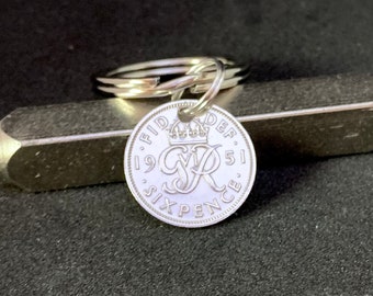 Lucky Sixpence Keychain | Birth Year Coin | 70th Birthday | 1951 Coin | Custom Keychain | Retirement Gift | For Grandad | Dad | Brother