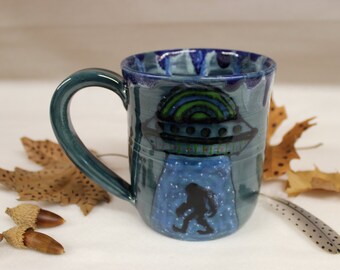 Big Foot UFO Abduction Ceramic Coffee Mug, Extra Large Sasquatch Pottery