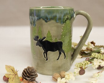 Foggy Spring Forest Moose Ceramic Coffee Mug, Handmade Stoneware Pottery Mug