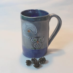 Owl Under a Celtic Moon Ceramic Stoneware Mug, Handmade Pottery