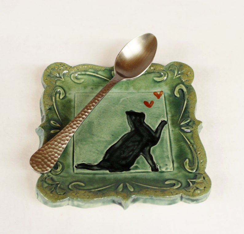 Tapas Plate Ring Holder Black Cat with Heart Spoon Rest