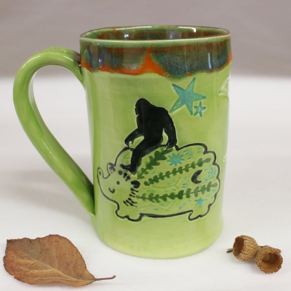 Big Foot on a Midnight Hedgehog Ride Extra Large Ceramic Mug, Handmade Stoneware Pottery