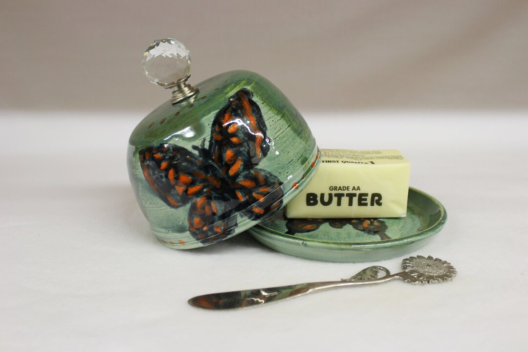 Soft Green Butterfly Butter Dish With Crystal Knob Etsy