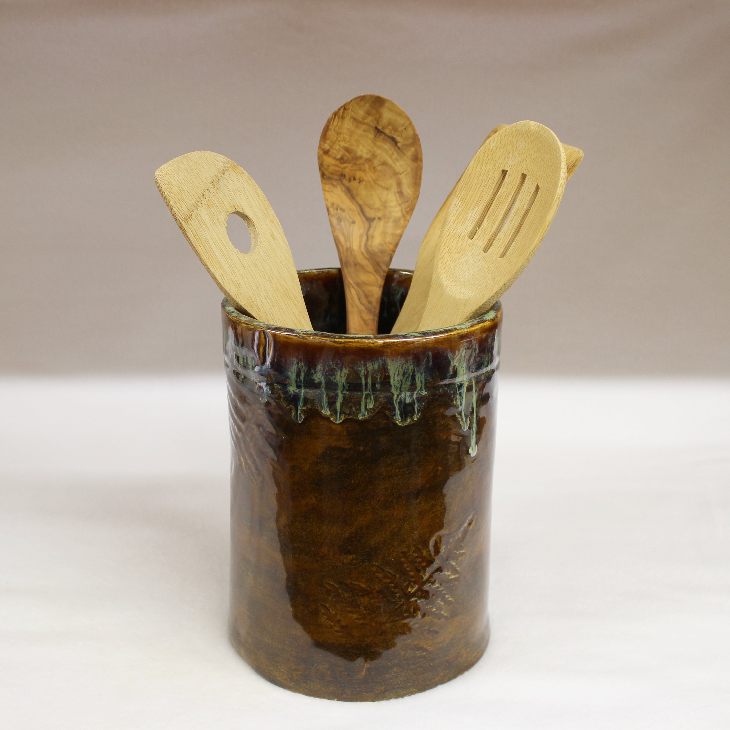 Extra Large Rustic Bronze Utensil Holder with Ferns Ceramic Etsy