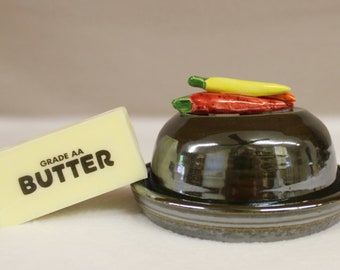 Chili Pepper Lidded Butter Keeper in Platinum, Handmade Pottery Domed Butter Dish