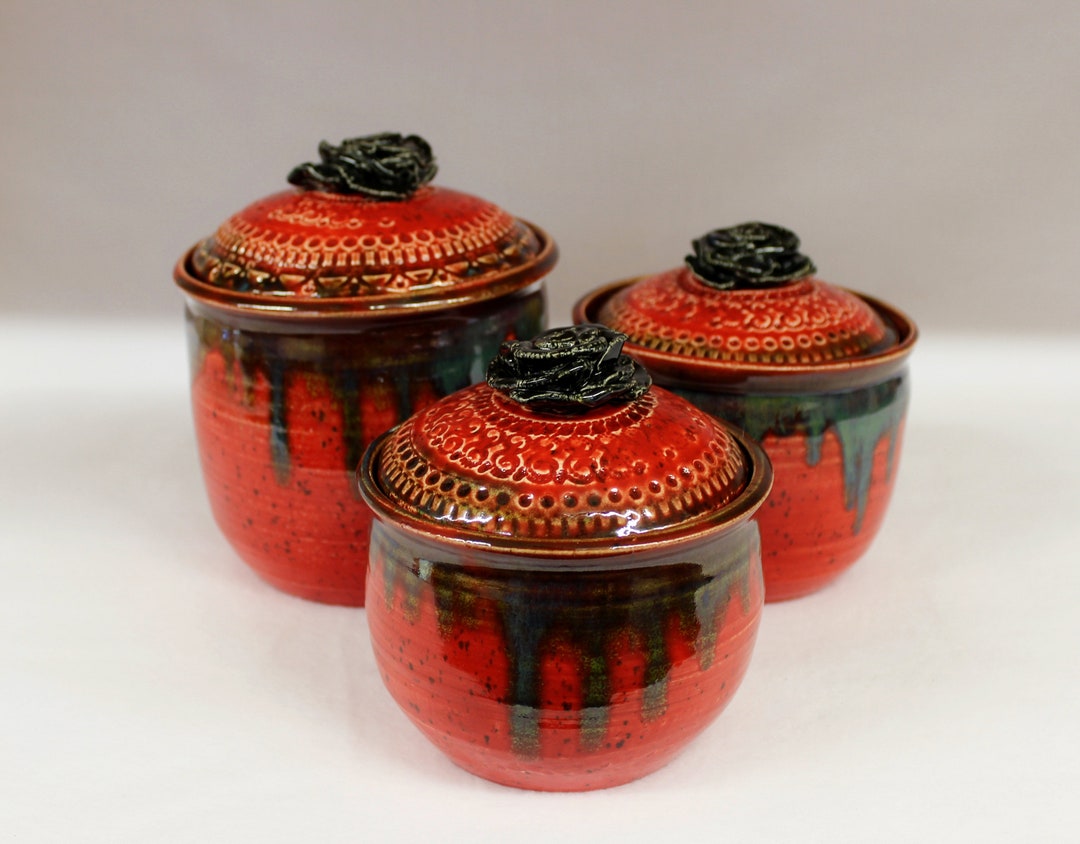 Ceramic Container For Fire Wild Red Fire Ceramic Kitchen Canister Set With Black Roses, Handmade ...