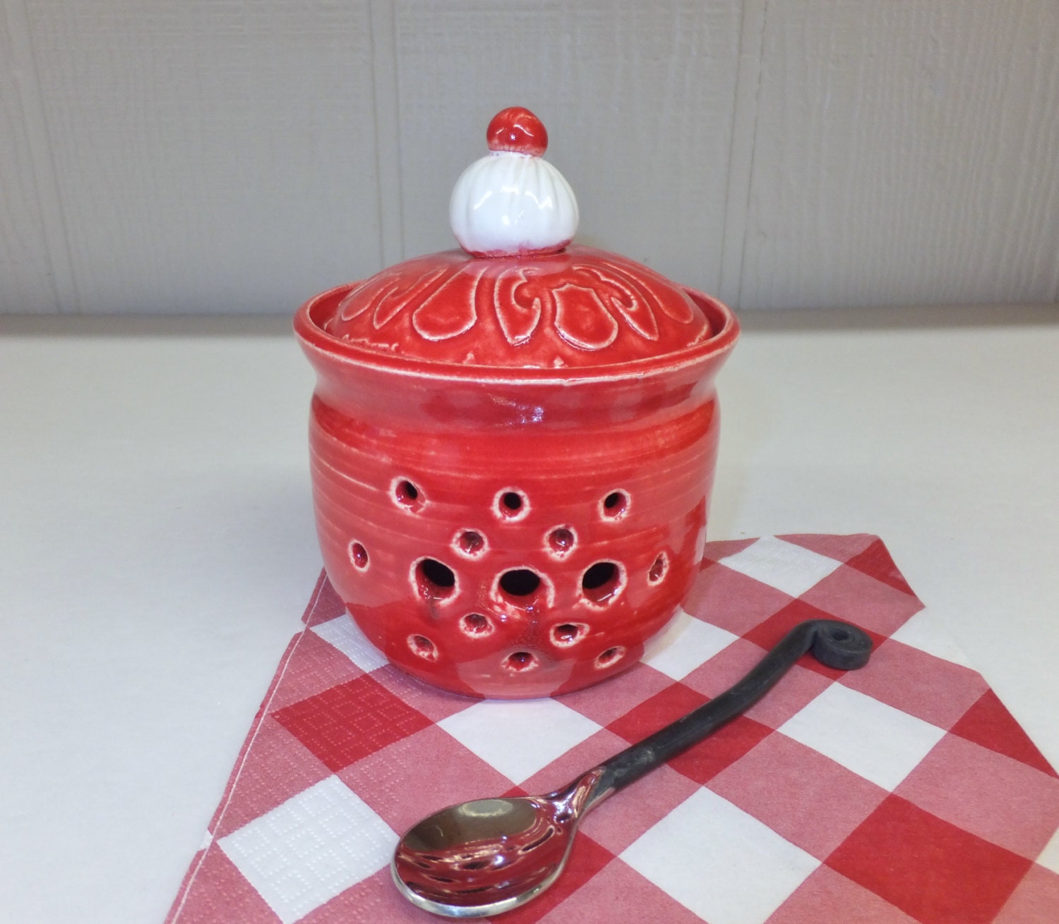 Red and White Garlic Keeper Handmade Garlic Jar Luminary Etsy