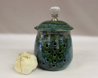 Blue Garlic Keeper with Green Butterfly and Crystal Knob, Large Garlic Jar