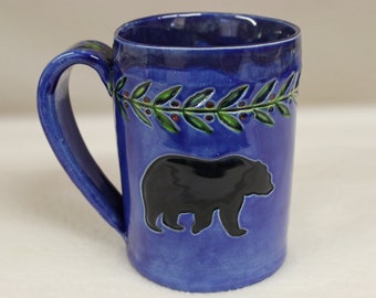 Large Black Bear in the Berries Coffee Mug, Reduced Price Handmade Stoneware Mug