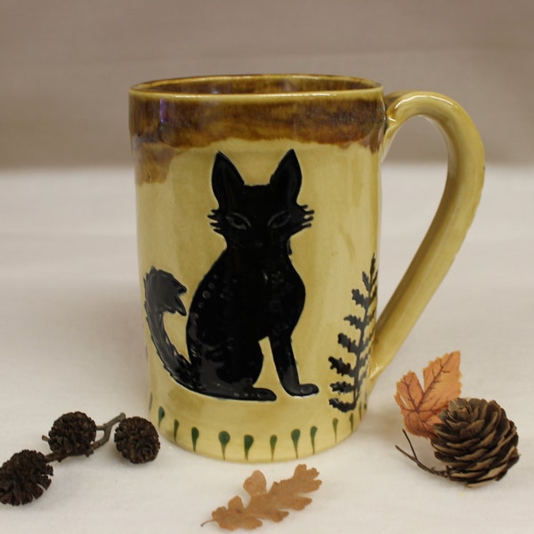 Exotic Egyptian Black Cat with Ferns Ceramic Mug, Handmade Stoneware Pottery