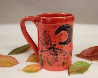 Dragonfly with Celtic Moon Ceramic Mug, Extra Large Handmade Stoneware Pottery