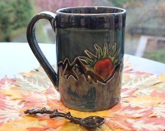 Early Sunrise over the Mountains Extra Large Ceramic Coffee Mug, Stoneware Pottery