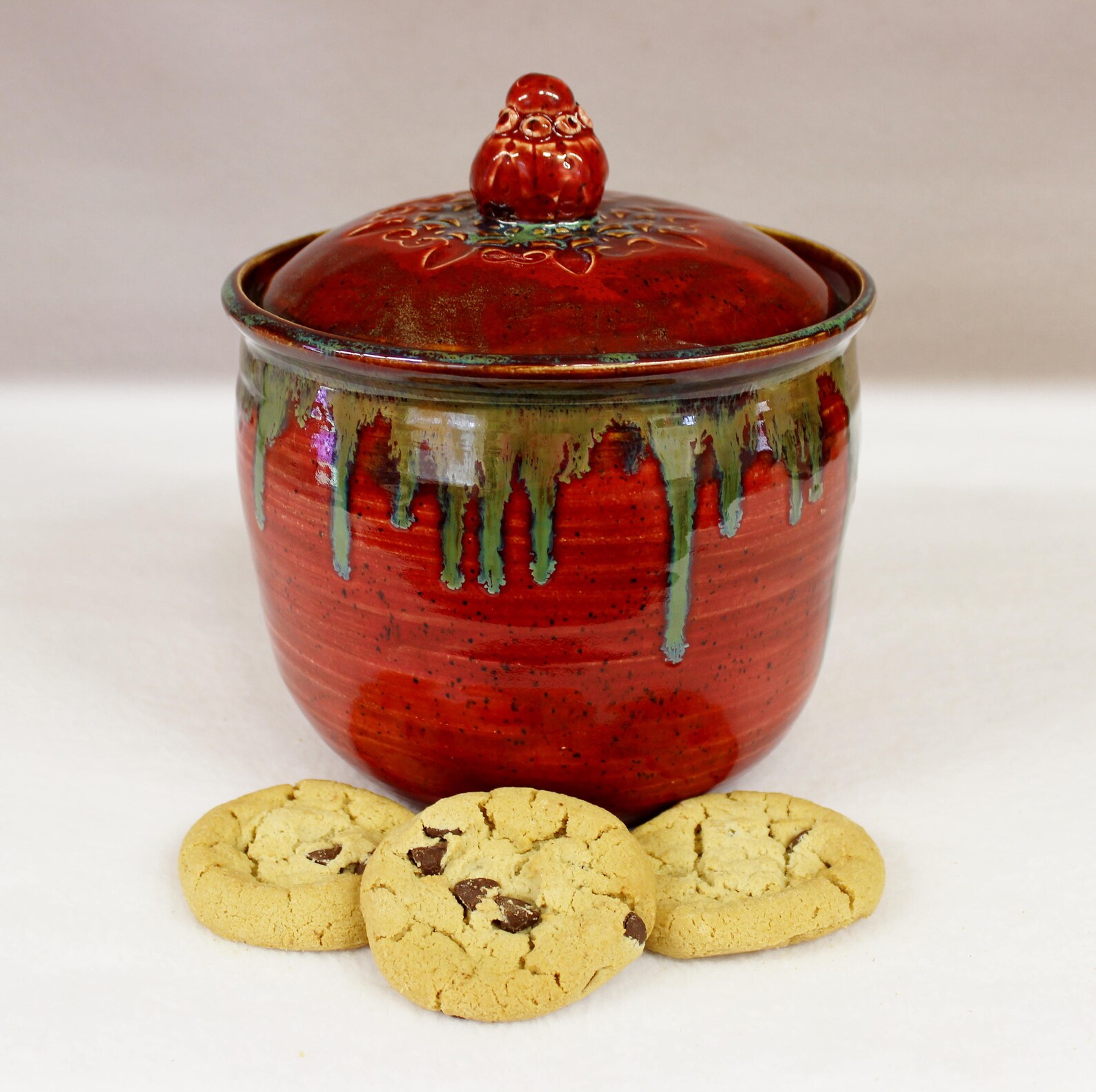 Large Red Pottery Cookie Jar Wild Red Fire Ceramic Stoneware Etsy