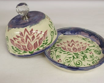 Lotus Blossom Butter Dish in Lilac and Blue with Crystal Knob, Handmade Pottery Butter Keeper