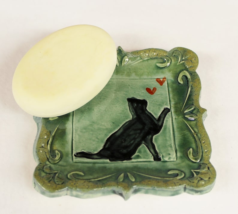 Tapas Plate Ring Holder Black Cat with Heart Spoon Rest