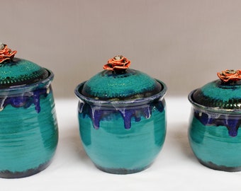 Turquoise Canister Set with Red Roses and Lake County Diamonds in Wild Blue Fire Glazes, Teal Canisters