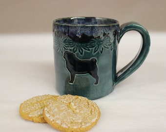 Pug with Daisies Mug , Ceramic Stoneware Coffee Mug, Handmade Pottery