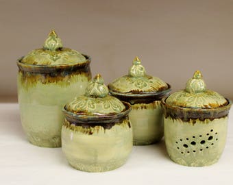 Soft Green Crystalline Canister Set with Bronze Accents, Handmade Ceramic Pottery