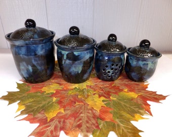 Compact Blue Forest Owl Canister Set, Handmade Ceramic Stoneware Pottery