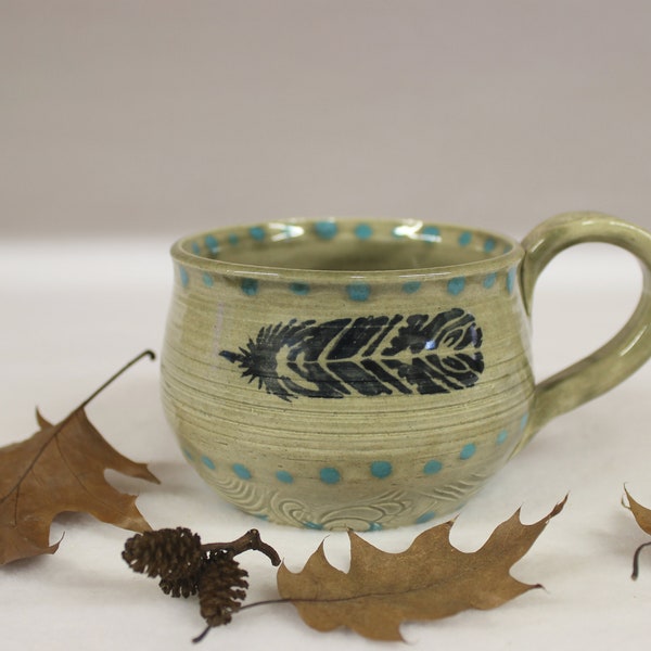 Silver Gray and Turquoise Native Feather Mug, Handmade Stoneware PotteryMug