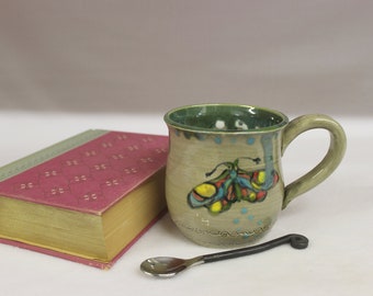 Stained Glass Butterfly on Fog Gray Coffee Mug, Large Handmade Stoneware Pottery Mug