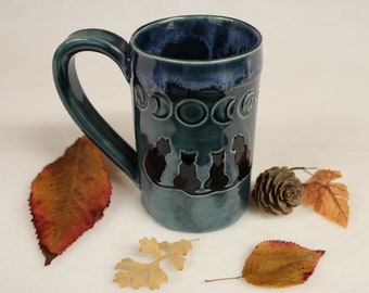 Under Moon Phases Cat Family Ceramic Mug, Handmade Stoneware Pottery