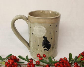 Tiny Rabbit and Full Moon Extra Large Ceramic Mug, Handmade Stoneware Pottery