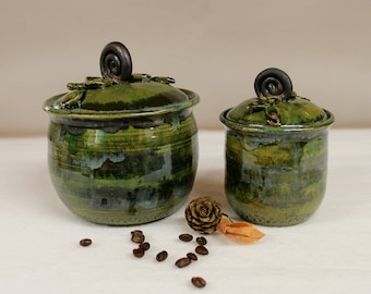 Deep Green Coffee and Sugar Canister Set with Leaves and Rose