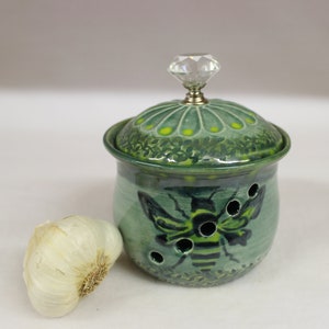 May include: A green ceramic garlic keeper with a bee design and a crystal knob on the lid. The keeper has air holes and a matching garlic bulb is next to it.