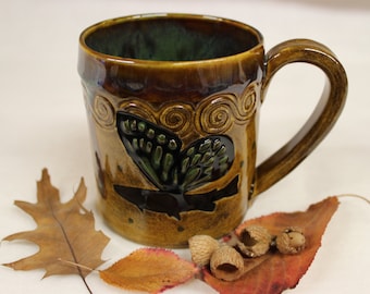 Magical Green Winged Fish Ceramic Coffee Mug, Large Handmade Stoneware