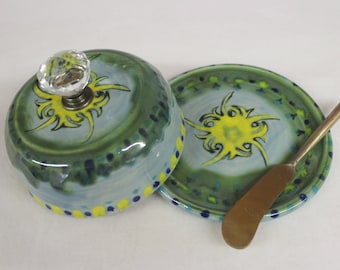 Brilliant Spring Sun Domed Butter Dish, Handmade Pottery Butter Keeper