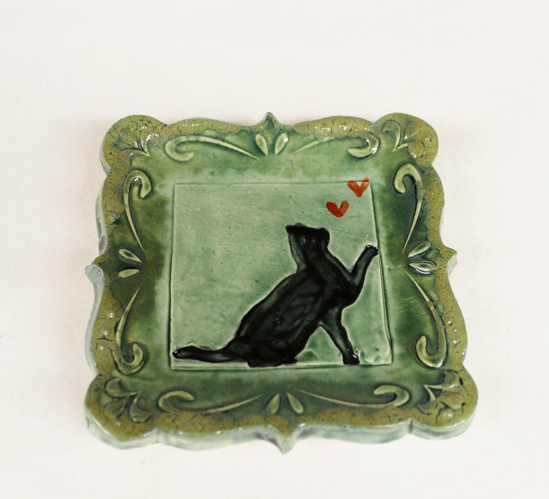 Tapas Plate Ring Holder Black Cat with Heart Spoon Rest