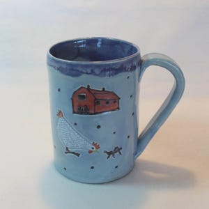 White Barnyard Chicken and Friend Extra Large Ceramic Mug, Handmade Chicken Pottery