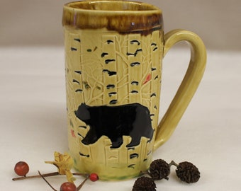 Black Bears in the Aspens Ceramic Mug, Handmade Stoneware Pottery Mug