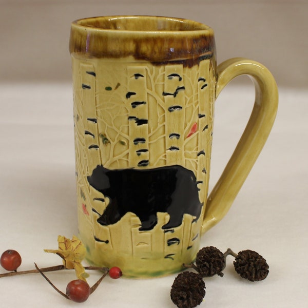 Black Bears in the Aspens Ceramic Mug, Handmade Stoneware Pottery Mug