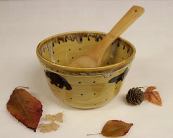 Black Bear and Trout Ceramic Bowl, Handmade Stoneware Pottery