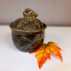 May include: A ceramic jar with a lid, glazed in shades of brown and green. The lid is topped with a leaf-shaped handle. An orange and yellow leaf rests beside the jar. The jar is likely used for storage or decoration.