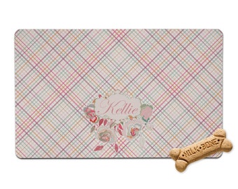 Modern Plaid & Floral Pet Bowl Mat (Personalized)