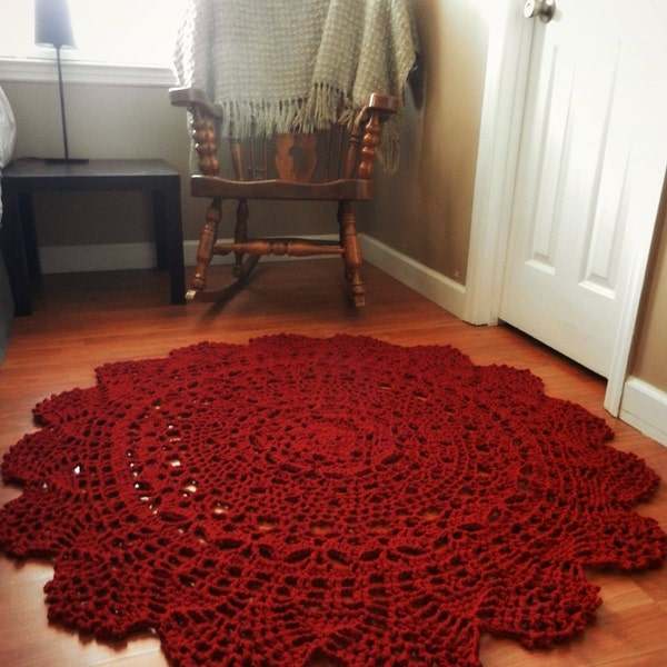 Crochet Lace Ruby Red Doily Rug- Scarlet, Blood Red floor mat, Nursery Rug, Living Room Rug, Round Area Rug, Bedroom Carpet, Boho Chic Rug