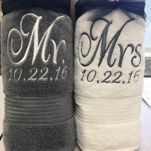 Mr & Mrs Towels (2) with custom Wedding / Anniversary date. Any color towel, any color thread.