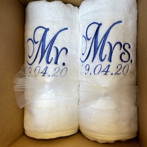 Mr & Mrs Towels (2) with custom Wedding / Anniversary date. Any color towel, any color thread.