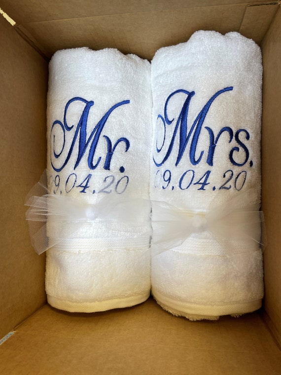 Mr & Mrs Towels (2) with custom Wedding / Anniversary date. Any color towel, any color thread.