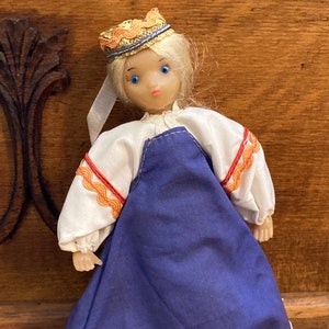 Small Vintage European Doll, 8&quot; Slender Young Lady, Folk Dress. 1960s.