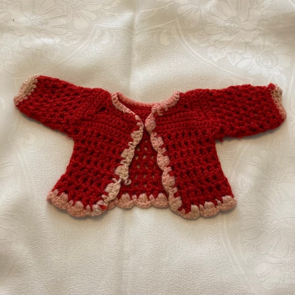 Antique Doll Sweater, for Bisque Head Dolls, 1920s. Red & Pink Wool, Hand Crocheted