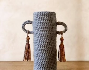 Crochet Cylinder Vessel with Handles and Tassels / Silver Grey Vase / Boho Decor / Handmade